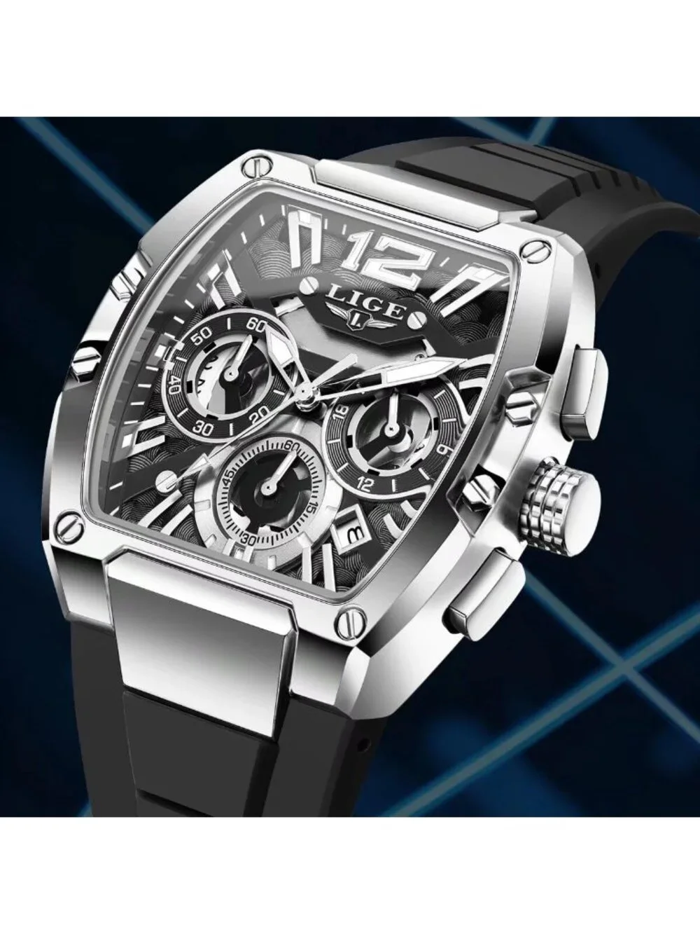 Men's Black and Silver Square Chronograph Stainless Steel Quartz Wrist Watch